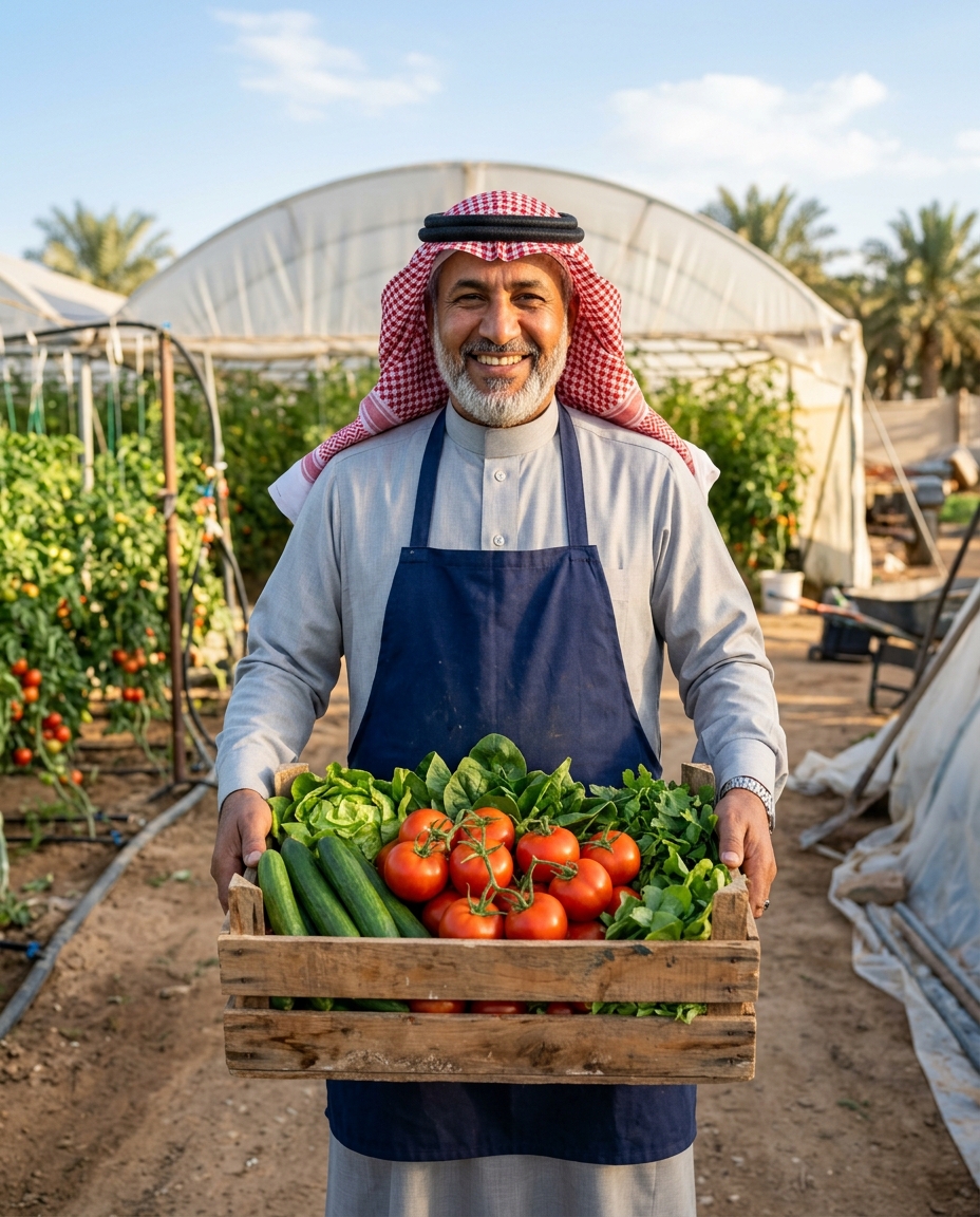 Saudi Master Farmer holding fresh harvest